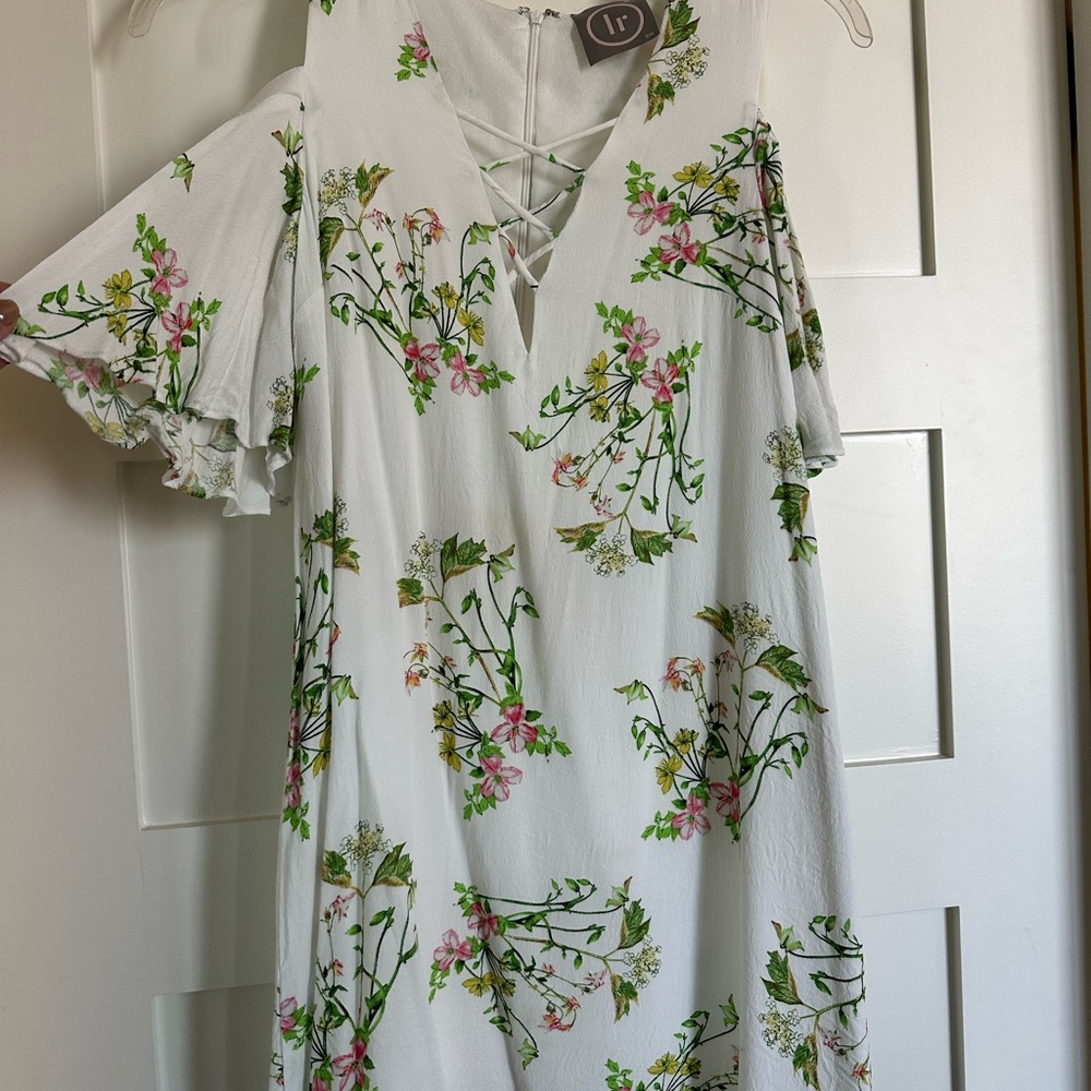 Floral White Dress with Green and Pink Accents
